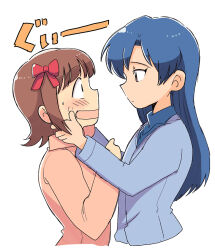 2girls amami_haruka blue_hair blue_shirt blush bow brown_hair commentary_request cropped_torso embarrassed eye_contact face-to-face from_side hair_bow hands_on_another's_face idolmaster idolmaster_(classic) kisaragi_chihaya long_hair long_sleeves looking_at_another multiple_girls open_mouth pink_shirt profile red_bow shirt short_hair simple_background tsubobot white_background 