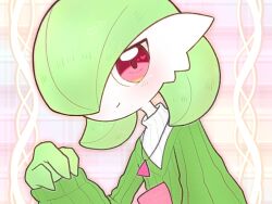  1girl blush bob_cut colored_skin commentary_request gardevoir green_hair green_skin green_sweater hair_over_one_eye heart heart_in_eye jewelry multicolored_skin necklace pink_eyes pokemon pokemon_(creature) smile sweater symbol_in_eye two-tone_skin white_skin yuri_(fl0werspace) 