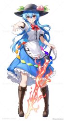  1girl apron back_bow black_hat blue_bow blue_hair boots bow bowtie brown_boots center_frills closed_mouth commentary_request fire flaming_sword flaming_weapon frills fruit_hat_ornament full_body hat hat_ornament highres hinanawi_tenshi holding holding_sword holding_weapon knee_boots lace-up_boots leaf_hat_ornament long_hair looking_at_viewer peach_hat_ornament puffy_short_sleeves puffy_sleeves rainbow_order red_bow red_bowtie red_eyes sample_watermark short_sleeves skirt solo sword sword_of_hisou touhou twitter_username very_long_hair waist_apron watermark weapon white_apron white_background yoshinatsu 