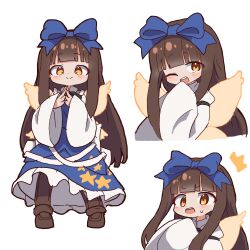  1girl blue_bow blue_dress blunt_bangs bow brown_eyes brown_hair closed_mouth commentary dress fairy fairy_wings hair_bow highres long_hair long_sleeves looking_at_viewer magg_(user_mtca8588) multiple_views one_eye_closed open_mouth own_hands_together simple_background smile star_sapphire touhou white_background wide_sleeves wings 