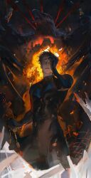  1boy batman_(series) batman_symbol black_bodysuit blue_bodysuit bodysuit commentary_request dc_comics dick_grayson explosion explosion_background grey_bodysuit highres male_focus multicolored_bodysuit nightwing solo superhero_costume takuaber two-tone_bodysuit 