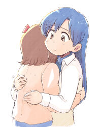  2girls amami_haruka blue_hair bow brown_eyes brown_hair closed_mouth commentary_request hair_bow hug idolmaster idolmaster_(classic) idolmaster_1 jacket kisaragi_chihaya long_hair long_sleeves multiple_girls pink_jacket red_bow shirt short_hair simple_background tsubobot upper_body white_background white_shirt 