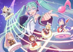  anko_jamu aq aqua_eyes aqua_hair aqua_necktie aqua_trim black_skirt black_sleeves collared_shirt commentary_request hair_between_eyes hair_ornament hatsune_miku headset kagamine_len kagamine_rin kaito_(vocaloid) long_hair looking_at_viewer megurine_luka meiko_(vocaloid) miniskirt musical_note necktie open_mouth pleated_skirt shirt skirt sleeveless sleeveless_shirt smile twintails very_long_hair vocaloid white_shirt wide_sleeves 
