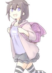  1girl :d akara_kai alternate_costume backpack bag black_hair blue_eyes commentary_request feet_out_of_frame grey_shirt grey_skirt hair_flaps hair_over_shoulder highres hood hooded_jacket jacket kantai_collection looking_at_viewer orange_jacket randoseru running shigure_(kancolle) shigure_kai_ni_(kancolle) shirt simple_background skirt smile smug solo striped_clothes striped_thighhighs thigh-highs walking white_background 