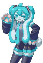  aqua_eyes aqua_hair aqua_necktie black_skirt commentary cowboy_shot detached_sleeves furrification furry furry_female grey_shirt hand_up hatsune_miku headset highres kanbaru_mitsuki long_sleeves looking_at_viewer miniskirt necktie photo-referenced rabbit_girl shirt simple_background skirt standing thigh-highs vocaloid 