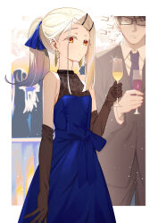  1boy 1girl absurdres bare_shoulders black_hair blonde_hair blue_dress commentary_request dress drink elbow_gloves flat_chest gakuen_idolmaster glasses gloves highres idolmaster lace long_hair orange_eyes ponytail producer_(idolmaster) shinosawa_hiro suit tamago_sando 