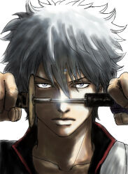  1boy closed_mouth collarbone fingernails fran14 gintama grey_eyes hair_between_eyes holding holding_sheath holding_sword holding_weapon japanese_clothes katana lens_flare lips looking_at_viewer sakata_gintoki scabbard serious sheath short_hair simple_background solo sword unsheathing v-shaped_eyebrows weapon white_background white_hair 