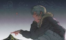  1boy axis_powers_hetalia fur-trimmed_jacket fur_trim giant highres iceland_(hetalia) jacket male_focus mountain pants profile short_hair sky solo sweetrinaxd white_hair 