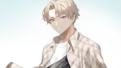  1boy blonde_hair blue_background blush brown_eyes close-up collared_shirt commentary_request forehead gradient_background light_blush light_smile long_sleeves looking_at_viewer male_focus mege_(megechan) original shirt short_hair simple_background smile solo t-shirt white_background white_shirt 