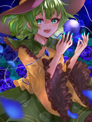  1girl absurdres aqua_nails blue_flower blue_rose blush commentary_request eyelashes floral_print flower frilled_sleeves frills gagaku_kawa_rei green_eyes green_hair green_skirt hat highres komeiji_koishi long_sleeves looking_at_viewer open_mouth rose rose_print shirt skirt solo third_eye touhou wide_sleeves yellow_shirt 