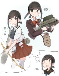  1girl absurdres akagi_(kancolle) akagi_(kancolle)_(cosplay) black_hair black_sailor_collar blouse blush bow_(weapon) brown_cardigan brown_gloves cardigan commentary_request cosplay flight_deck fubuki_(kancolle) fubuki_kai_ni_(kancolle) gloves green_eyes hakama hakama_short_skirt hakama_skirt highres holding holding_bow_(weapon) holding_weapon imagining japanese_clothes kantai_collection long_sleeves ma_rukan multiple_views muneate neck_ribbon open_mouth partially_fingerless_gloves ponytail red_hakama red_ribbon ribbon rigging sailor_collar school_uniform serafuku shirt short_hair short_ponytail signature simple_background skirt smile suzuya_(kancolle) suzuya_(kancolle)_(cosplay) tasuki thigh-highs weapon white_background white_shirt white_thighhighs yugake yumi_(bow) 