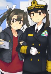  2girls absurdres alternate_costume blush cellphone commentary_request female_service_cap gloves grin hair_between_eyes hair_ribbon hat highres holding holding_phone jacket kaga_(kancolle) kantai_collection long_hair long_sleeves ma_rukan military military_dress_uniform military_uniform multiple_girls naval_dress_uniform naval_uniform phone ponytail ribbon ribbon_bar shirt side_ponytail smartphone smile star_(symbol) taking_picture twintails white_gloves white_hat zuikaku_(kancolle) 
