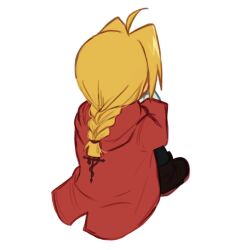  1boy black_pants black_shoes blonde_hair braid coat commentary edward_elric fullmetal_alchemist gloves long_hair long_sleeves male_focus pants shoes simple_background single_braid sitting solo tennnn001 white_background white_gloves 