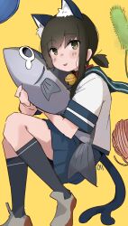  1girl absurdres animal_ears cat_ears cat_tail cat_teaser commentary_request fish fubuki_(kancolle) green_eyes highres kantai_collection kneehighs looking_at_viewer low_ponytail ma_rukan ponytail sailor_collar school_uniform serafuku short_ponytail skirt smile socks stuffed_animal stuffed_toy tail tears tongue tongue_out 