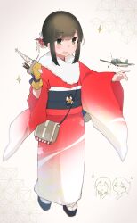  1girl absurdres aircraft airplane akagi_(kancolle) alternate_costume alternate_hairstyle bag black_hair brown_eyes brown_gloves commentary_request fubuki_(kancolle) full_body fur-trimmed_kimono fur_trim furisode gloves gradient_clothes gradient_kimono hair_bun handbag highres japanese_clothes kaga_(kancolle) kantai_collection kimono ma_rukan open_mouth partially_fingerless_gloves red_kimono sidelocks single_glove solo yugake 