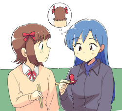  2girls :t amami_haruka black_shirt blue_hair bow brown_eyes brown_hair chopsticks closed_mouth collared_shirt commentary_request food food_art green_eyes hair_bow holding holding_chopsticks idolmaster idolmaster_(classic) imagining kisaragi_chihaya long_hair looking_at_food multiple_girls red_bow shirt short_hair speech_bubble tako-san_wiener thought_bubble tsubobot yellow_shirt 