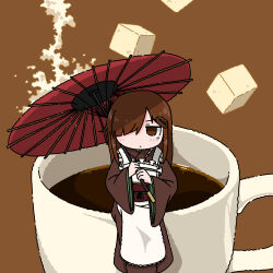  1girl absurdres apron brown_background brown_eyes brown_hair brown_kimono coffee commentary_request cup emesan_desu feet_out_of_frame hair_over_one_eye highres holding holding_umbrella japanese_clothes kimono long_sleeves mini_person minigirl obi oil-paper_umbrella original sash sitting solo sugar_cube umbrella white_apron wide_sleeves 
