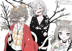  3girls animal_ear_fluff animal_ears black_choker black_hoodie branch cat_ears choker closed_eyes collared_shirt dango dated flower food grey_eyes grey_hair highres holding holding_branch hood hoodie jewelry medium_hair multiple_girls necklace open_mouth original pointy_ears shirt simple_background slit_pupils smile tsumetai_(tsurunoka) wagashi white_background white_flower white_shirt 