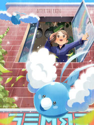 1girl :d after_rain arm_up artist_name brick_wall brown_eyes brown_hair building ceiling_light clouds commentary_request english_text flying from_below highres juliana_(pokemon) leaf medium_hair naco_oekaki open_window outdoors pajamas plant pokemon pokemon_(creature) pokemon_scarlet_and_violet purple_pajamas rainbow reflection sign sleepwear smile swablu vines water_drop window 