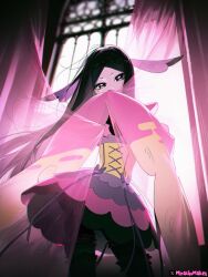  1girl black_hair commentary_request curtains frills furisode hair_ornament highres japanese_clothes kimono long_hair long_sleeves looking_at_viewer mirachumakes pink_kimono pokemon pokemon_x_and_y short_kimono sleeves_past_fingers sleeves_past_wrists solo valerie_(pokemon) window 