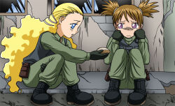  2girls bbmbbf black_gloves blonde_hair blue_eyes boots bread breast_pocket brick_wall broken_glass broken_window brown_hair combat_boots commentary_request crack cracked_floor curly_hair drill_hair food forehead giving_food glass gloves hairband holding holding_bread holding_food long_hair long_sleeves looking_at_another marilyn_carrey memory_(ueki_no_housoku) military_uniform multiple_girls outdoors palcomix pocket pouch sad sitting squatting stone_floor tearing_up twintails ueki_no_housoku very_long_hair violet_eyes war white_hairband window 