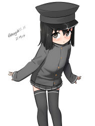  1girl absurdres akitsu_maru_(kancolle) black_hair blush buttons dated grey_eyes grey_hat grey_jacket grey_thighhighs hair_between_eyes hat highres jacket kantai_collection looking_at_viewer maru_(marg0613) parted_lips short_hair simple_background solo standing thigh-highs white_background 