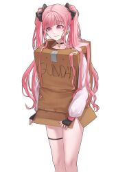 1girl black_choker black_ribbon bottomless box choker disappointed ear_piercing fingerless_gloves gloves hair_ribbon highres honey_churros long_hair looking_to_the_side nyang_(nya_aaang) piercing pink_eyes pink_hair pink_nails project_[i] ribbon shirt simple_background standing thigh_strap twintails white_background white_shirt 