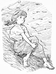  1girl artist_name barefoot bow braid closed_mouth commentary dated falling_leaves full_body grass greyscale hair_bow hatching_(texture) hugging_own_leg leaf linear_hatching medium_hair monochrome original outdoors shirt short_sleeves single_braid sitting skirt smile solo traditional_media wind zpihr6jprso2r2l 