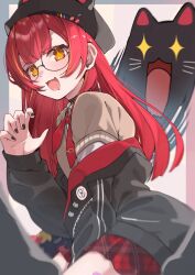  +_+ 1girl animal_hat black_choker black_hat black_jacket black_nails cat choker claw_pose collared_shirt commentary_request fang glasses hat highres jacket long_hair long_sleeves looking_at_viewer looking_to_the_side multicolored_hair multicolored_jacket neckerchief nekota_tsuna nekota_tsuna_(4th_costume) open_clothes open_jacket open_mouth orange_eyes orange_streaks red_hair red_neckerchief red_skirt school_uniform shirt sitting skin_fang skirt streaked_hair sweater two-sided_fabric two-tone_jacket urr37886364 virtual_youtuber vspo! wariza zipper 