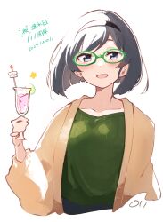  1girl black_hairband blush cardigan commentary_request cropped_torso cup dated glasses green-framed_eyewear green_shirt grey_hair hairband highres holding holding_cup kantai_collection kirishima_(kancolle) looking_at_viewer ma_rukan official_alternate_costume open_cardigan open_clothes open_mouth shirt short_hair simple_background solo upper_body white_background 