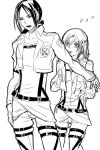  2girls christa_renz height_difference jacket miyukiko monochrome multiple_girls protecting shingeki_no_kyojin short_hair thigh_strap uniform ymir_(shingeki_no_kyojin) 