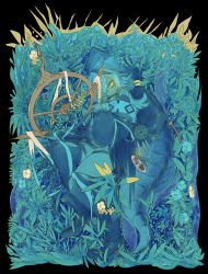  1girl 2others ambiguous_gender arknights black_jacket boat boots cabage922 commentary_request crocodile_girl doctor_(arknights) flower giant giantess glowing glowing_eye highres holding holding_lightstick holding_staff hood hood_up hooded_shirt horns jacket jewelry large_tail lying monster_girl multiple_others on_side outdoors plant seaweed size_difference staff tail tomimi_(arknights) underwear watercraft white_flower yellow_eyes 