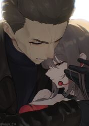  1boy 1girl brown_hair choker closed_eyes commentary crying gloves goddess_of_victory:_nikke head_on_another's_shoulder headset highres jacket long_hair nekoni_514 oswald_(nikke) pretty_(nikke) short_hair sidelocks skindentation spoilers 