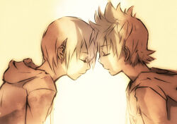  1boy 1girl androgynous black_coat_(kingdom_hearts) closed_eyes commentary english_commentary expressionless forehead-to-forehead heads_together hood hood_down hooded_coat illbewaiting kingdom_hearts kingdom_hearts_358/2_days lowres roxas short_hair spiky_hair upper_body xion_(kingdom_hearts) yellow_background yellow_theme 