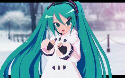  1girl 3d :d absurdres alternate_costume animasa_model_(mikumikudance) aqua_eyes aqua_hair black_gloves blurry blurry_background cel_rendering coat commentary english_commentary fang fingerless_gloves gloves hair_between_eyes hair_ornament hatsune_miku headset highres hood hood_down hooded_coat kio_(majin_kz) letterboxed long_hair long_sleeves looking_at_viewer open_mouth outdoors skin_fang smile snowing solo twintails upper_body very_long_hair vocaloid white_coat winter_clothes 