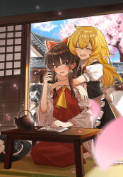  3girls absurdres apron ascot back_bow black_hat black_vest blonde_hair blue_sky blush bow braid brown_eyes brown_hair camera cherry_blossoms chinese_commentary clouds commentary_request cup day detached_sleeves falling_petals frilled_bow frilled_hair_tubes frills hair_bow hair_tubes hakurei_reimu hat highres holding holding_camera holding_cup hug hug_from_behind kirisame_marisa long_hair missing_headwear multiple_girls open_mouth petals pink_petals pom_pom_(clothes) puffy_short_sleeves puffy_sleeves red_bow red_skirt ribbon-trimmed_sleeves ribbon_trim shameimaru_aya short_sleeves side_braid single_braid sitting skirt skirt_set sky smile table taking_picture tatami teapot touhou translation_request tree unworn_headwear vest waist_apron white_bow witch_hat wu_ben_shi_hu yellow_ascot yunomi yuri 