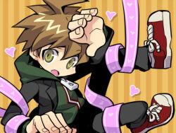  1boy :o ahoge brown_hair commentary danganronpa:_trigger_happy_havoc danganronpa_(series) green_eyes green_jacket heart jacket lowres naegi_makoto pink_ribbon red_shoes ribbon shoes sneakers solo striped_background watarizora_tsubamemaru zipper_pull_tab 