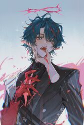  1boy 1other absurdres aoma_(xuanzexuexi) arknights arknights:_endfield bishounen black_jacket black_sweater bleeding blood blood_on_face blood_on_hands blue_eyes blue_hair blush camille_(arknights) chinese_commentary chromatic_aberration colored_tips commentary_request downturned_eyes ear_blush fangs finger_in_another's_mouth gloves grabbing_another's_chin gradient_background halo hand_on_another's_chin highres jacket jewelry long_sleeves looking_at_viewer male_focus multicolored_hair open_mouth pink_halo pointy_ears pov pov_hands red_gloves red_streaks ring signature solo sparkle spiked_halo streaked_hair sweater turtleneck turtleneck_sweater upper_body vampire 