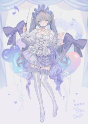  1girl absurdres commentary_request commission corset daimaou_ruaeru headdress highres long_hair long_sleeves looking_at_viewer musical_note original skeb_commission solo straight-on thigh-highs twintails very_long_hair 