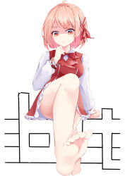  1girl absurdres ahoge angry ban_tang bow bowtie braid commentary_request crossed_legs feet foot_focus hair_ribbon hanayori_jyoshiryou hand_on_own_chin highres kano_(hanayori_jyoshiryou) knees_up pink_eyes pink_hair red_bow red_bowtie red_ribbon red_vest ribbon school_uniform shirt short_hair simple_background sitting solo thinking vest white_background white_shirt 