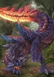  absurdres blue_scales claws colored_sclera commentary_request digitigrade dinosaur forest full_body glavenus glowing_mouth glowing_tail green_sclera highres horns monster monster_focus monster_hunter_(series) monster_hunter_x nature no_humans nutuki open_mouth red_scales sharp_tail sharp_teeth spikes spines tail teeth tree 