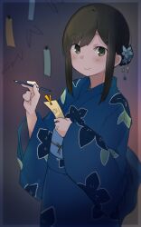  1girl absurdres alternate_hairstyle black_hair blue_kimono brown_eyes commentary_request floral_print fubuki_(kancolle) hair_ornament highres holding holding_brush holding_tanzaku japanese_clothes jewelry kantai_collection kimono looking_at_viewer ma_rukan one-hour_drawing_challenge pencil ring smile solo tanabata tanzaku wedding_ring yukata 