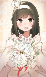  1girl black_hair bouquet breasts brown_hair commentary_request cowboy_shot crown dress flower fubuki_(kancolle) hair_down highres jewelry kantai_collection ma_rukan medium_breasts mini_crown necklace off-shoulder_dress off_shoulder rose solo warspite_(kancolle) white_dress white_flower white_rose 
