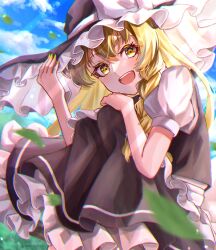  1girl apron black_vest blonde_hair blue_sky bow braid clouds commentary_request day falling_leaves frilled_skirt frills gagaku_kawa_rei hat hat_bow highres kirisame_marisa leaf long_hair marisa_day open_mouth puffy_short_sleeves puffy_sleeves short_sleeves side_braid single_braid skirt sky smile solo touhou vest waist_apron white_bow witch_hat yellow_eyes 