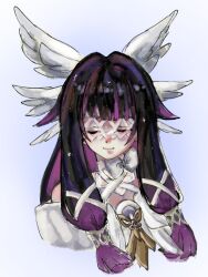  1girl bare_shoulders black_hair blue_background bow bowtie closed_eyes closed_mouth columbina_(genshin_impact) commentary_request dress eye_mask genshin_impact hair_ornament head_wings long_hair mask multicolored_hair multiple_wings portrait purple_hair purple_streaks ribbon simple_background smile solo streaked_hair two-tone_hair white_bow white_dress white_wings wing_hair_ornament wings x-shaped_eyewear yotaa0630 
