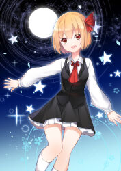  1girl :d ascot black_skirt black_vest blonde_hair buttons collared_shirt commentary_request feet_out_of_frame fingernails freeze_(867139) frilled_skirt frilled_sleeves frills hair_ribbon highres lapels long_sleeves looking_at_viewer moon nail_polish open_mouth outstretched_arm puffy_long_sleeves puffy_sleeves red_ascot red_eyes red_nails red_ribbon ribbon rumia shirt short_hair skirt skirt_set smile socks solo star_(symbol) teeth touhou upper_teeth_only vest white_shirt white_socks 
