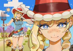  1girl arm_tattoo belt blonde_hair blue_eyes blue_overalls blue_sky boots braid breasts brown_boots clouds cloudy_sky commentary_request cowboy_hat field freckles gloves hat highres kitt_(pokemon) large_breasts looking_at_viewer multiple_views overalls pokemon pokemon_champions red_hat short_sleeves sion001250 sky smile sun tattoo tauros teeth tree twin_braids white_gloves 