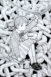  1girl artist_name blunt_bangs bow bowtie chain closed_mouth collared_shirt commentary dated greyscale hatching_(texture) holding holding_chain knees_up linear_hatching loafers long_hair monochrome multi-tied_hair original pleated_skirt ponytail school_uniform shirt shoes sideways_glance sitting skirt socks solo traditional_media zpihr6jprso2r2l 