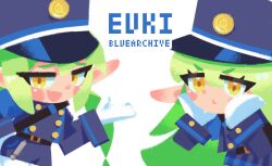  belt black_belt blue_archive blue_hat blue_shorts blue_skirt boots buttons chibi euki_(eukicat) gloves green_hair hat highlander_railway_academy_logo highres hikari_(blue_archive) loli nozomi_(blue_archive) shorts siblings skirt twins whistle white_background white_gloves yellow_eyes 