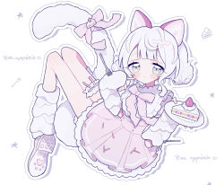  1girl animal_ears blush_stickers cake cake_slice cat_ears cat_tail closed_mouth commentary_request dress food food_as_ears fork frilled_dress frilled_thigh_strap frills fruit grey_eyes highres holding holding_food leg_warmers long_sleeves looking_at_viewer niyu_(nennenkorori3) original pink_dress pink_ribbon puffy_sleeves ribbon short_hair simple_background solo strawberry tail thigh_strap white_background white_hair white_leg_warmers 